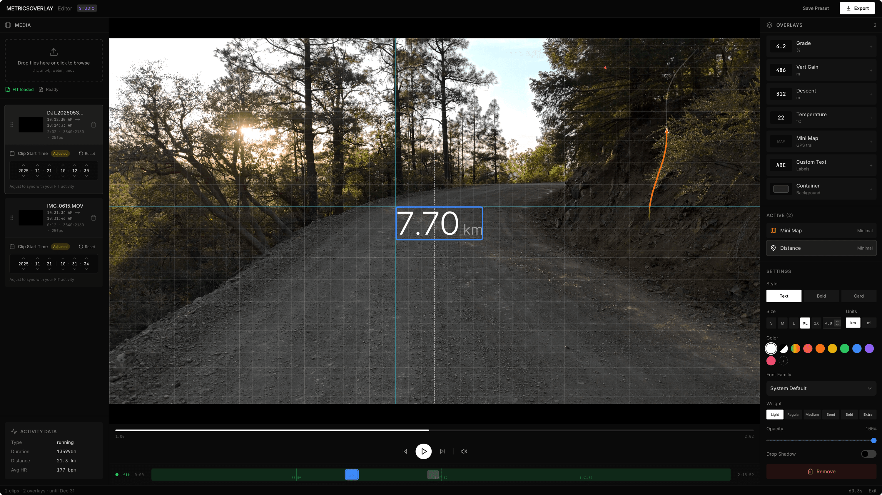 MetricsOverlay editor interface showing video with distance overlay, timeline, and settings panel